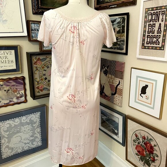 80s Vintage Deadstock JCPenney Pink Floral Nylon Midi Nightie and Robe Set M - Picture 6 of 8